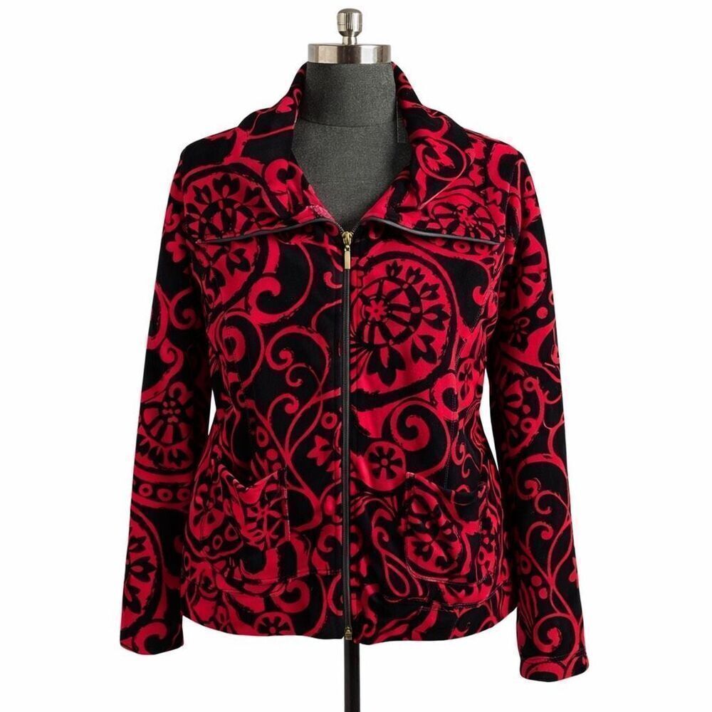 ONQUE Petite XL Red Black Velour Zip Jacket | Dark Floral Chic Cozy Luxe